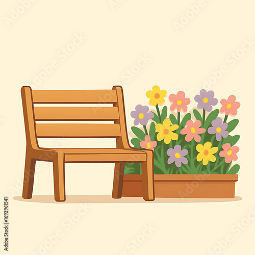 A serene garden setting featuring a classic wooden bench alongside a rectangular planter with a variety of colorful blossoms