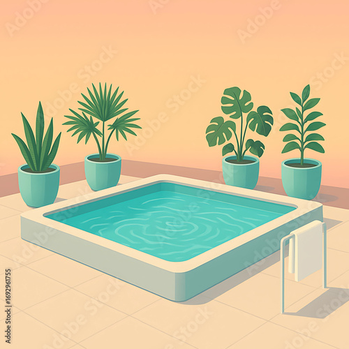 A serene and aesthetic illustration of a modern minimalist swimming pool surrounded by lush tropical potted houseplants