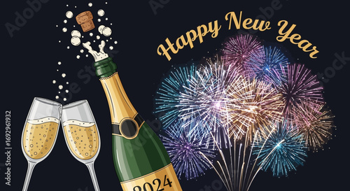 Sparkling Champagne Bottle with Fireworks Celebrating New Year 2024.