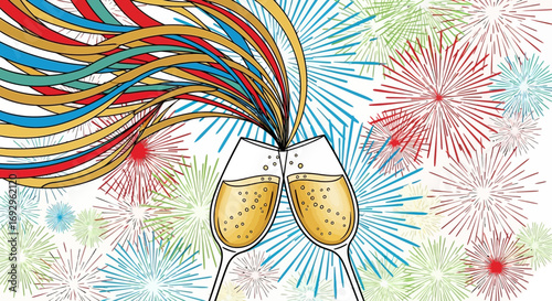 Two Champagne Flutes Toasting with Colorful Ribbons and Fireworks.
