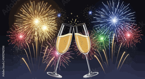 Two Champagne Glasses Clinking with Sparkling Bubbles and Festive Fireworks.