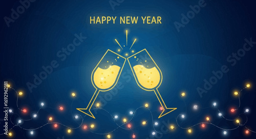 Two golden champagne glasses clinking with bubbly liquid and stars.