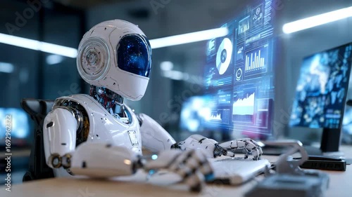 Smart robot working at desk, typing on laptop keyboard, office environment. Robot assistance in large corporation, teamwork. Future technology usage concept, modern development