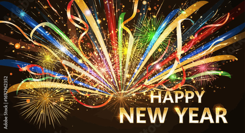 Vibrant Bursting Fireworks Display with Happy New Year Text.