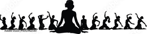 Silhouette of women doing yoga, stretching poses, meditation, group workout, spiritual practice, body balance, wellness, dance movement, calm focus