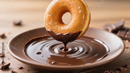 Freshly Glazed Donut Being Dipped in Rich Chocolate Sauce on a Wooden Table