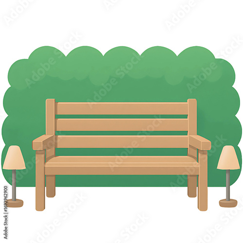 Serene wooden park bench adorned with subtle lighting, nestled against a lush green hedge backdrop