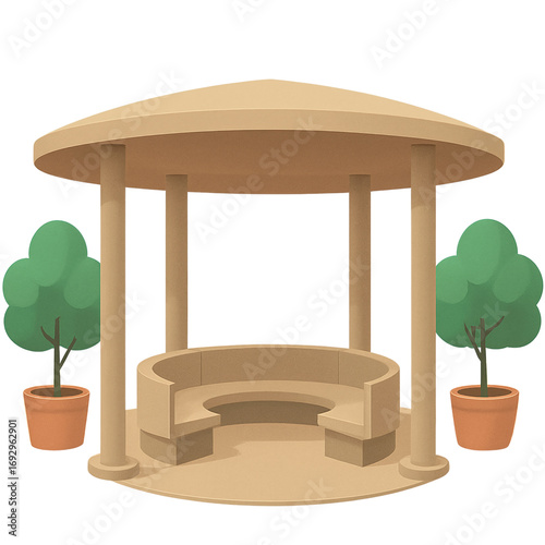 Charming outdoor gazebo with built-in seating and potted trees, perfect for relaxation and gatherings