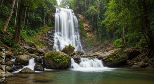 Waterfall cascading down rocks into a pool surrounded by lush green forest.