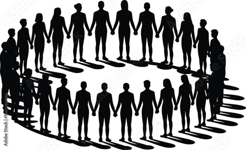 Silhouette people holding hands in circle, unity, community, teamwork, togetherness, support, friendship, cooperation, diversity, peace, equality, strength, harmony