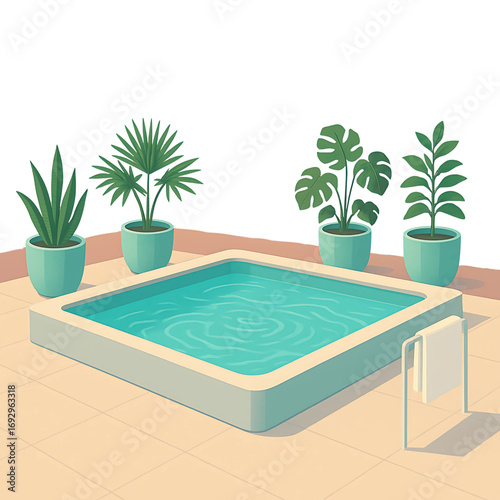 Serene backyard oasis illustration with a modern plunge pool, tiled patio, and lush tropical houseplants for a tranquil and luxurious lifestyle concept