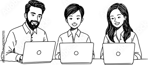 Teamwork Illustration of Smiling Coworkers Working Together on Laptops. Vector Office Collaboration and Business People Design