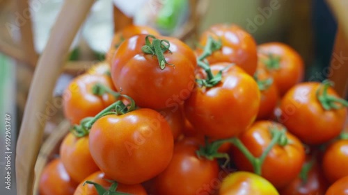 Fresh tomatoes are displayed on the shelves, beautifully arranged.