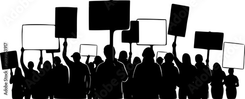 people, Protesters with Signs Silhouettes. Black Vector Illustrations of Demonstration Crowd on White Background