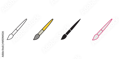 Paintbrush icons in outline, solid, and colored styles. Art, creativity, design, painting, drawing, school, education, studio, craft, illustration, and artistic tool vector illustration set.