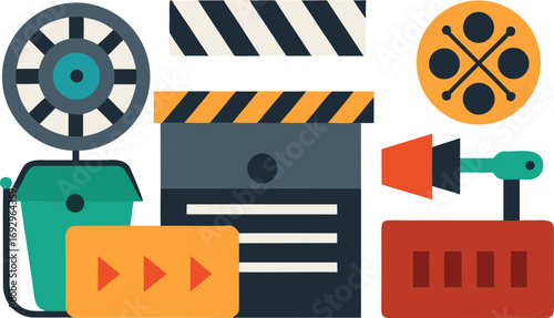 Film festival collection vector graphics clapperboard movie reel film strip icons eps