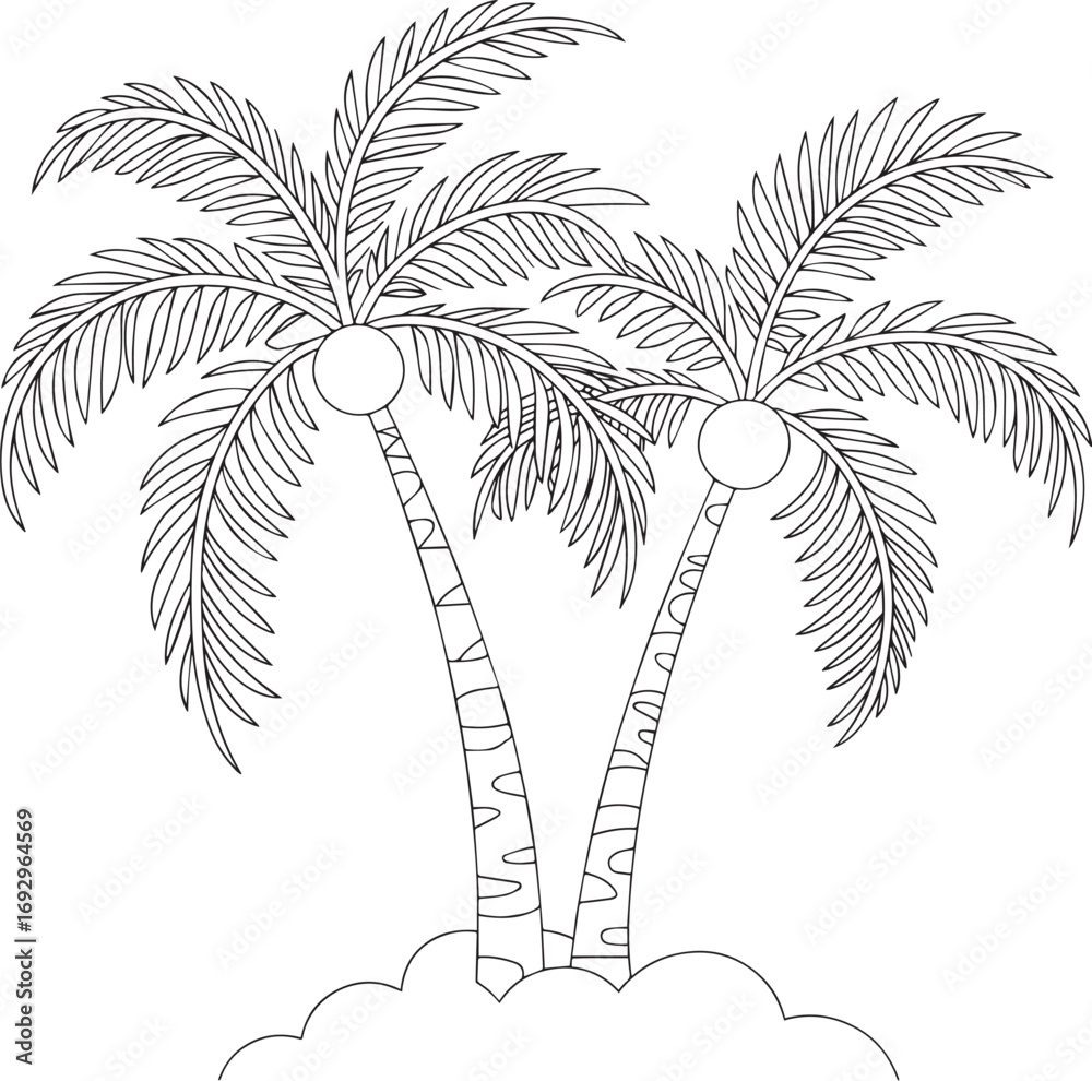 Obraz premium Black and white line art illustration of two palm trees with detailed fronds and curved trunks, suitable for coloring pages, designs, and decoration.