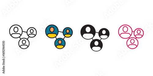 Social network icons showing connected people in outline, solid, and color styles. Community, teamwork, group, communication, collaboration, networking, and user connection vector illustration set.