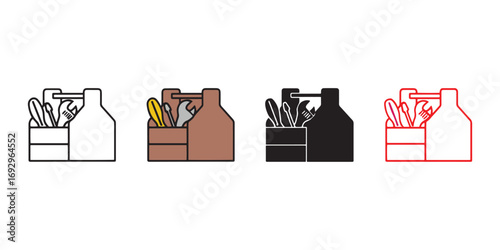 Toolbox icons with wrench, screwdriver, and pliers in outline, solid, and colored styles. Vector illustration for repair, construction, handyman, DIY, maintenance, engineering, and mechanic services.