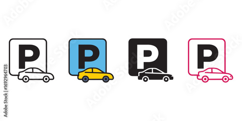 Parking icons with car and letter P sign in outline, flat, and filled styles. Vector illustration for parking lot, car park, vehicle, transportation, garage, traffic, city, and urban infrastructure co