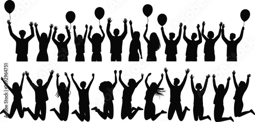 Silhouettes of people celebrating with balloons, jumping with joy, expressing freedom, happiness, and excitement in a festive group scene
