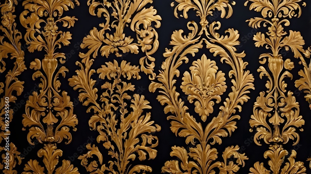Fototapeta premium Luxury seamless wallpaper pattern with royal damask motifs, golden ornaments on dark background, elegant Victorian interior design style,Generative Ai