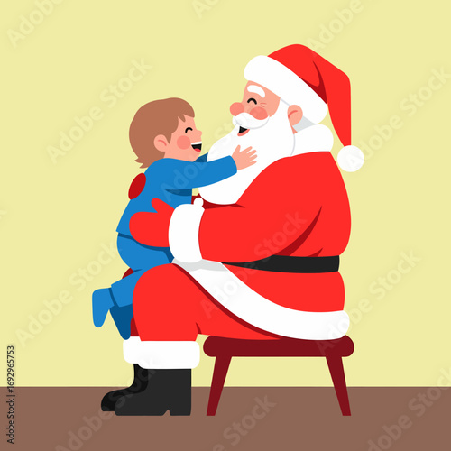 Santa Claus Holding a Happy Child Dressed in Blue.