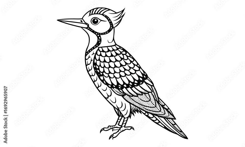 Obraz premium Woodpecker Kids t shirt design silhouette and vector line art, Detailed High-Quality Line Art, Suitable for Adult Coloring Books, Stress Relief, Relaxation, and Printable Art Therapy Projects.