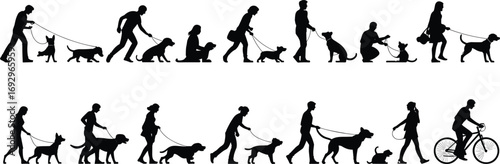 Silhouettes of people walking dogs, training pets, dog obedience, exercising pets, pet care, outdoor walking, dog leash training, companionship