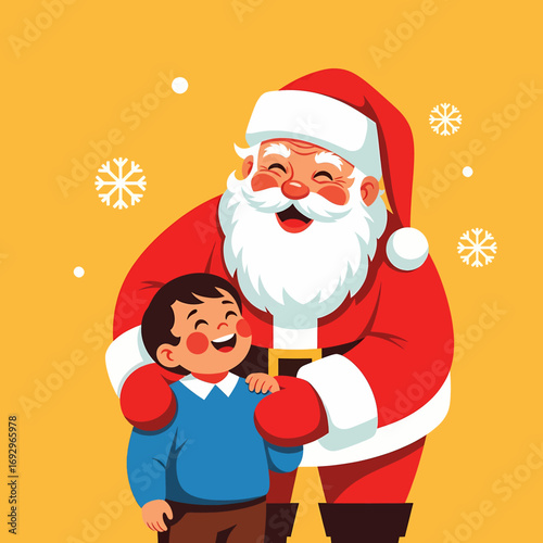 Cheerful Santa Claus Hugging a Happy Girl with Snowflakes Falling.