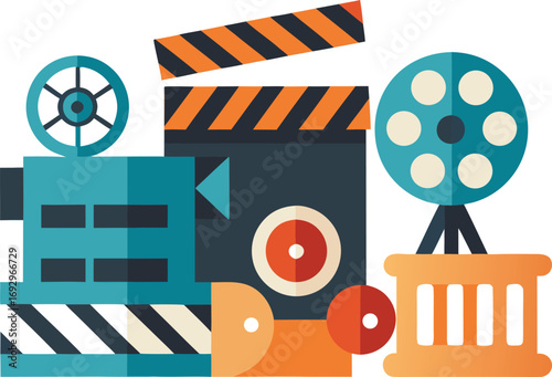 Film festival icons collection clapperboard vintage camera reels vector illustration eps