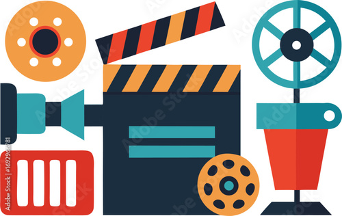 Film festival icons collection vector art clapperboard reel camera elements eps illustration