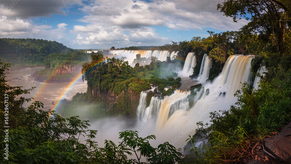 Fototapeta premium A breathtaking panoramic view of the massive Iguazu Falls, with multiple waterfalls cascading into a river below. A vibrant rainbow arcs through the mist and spray.