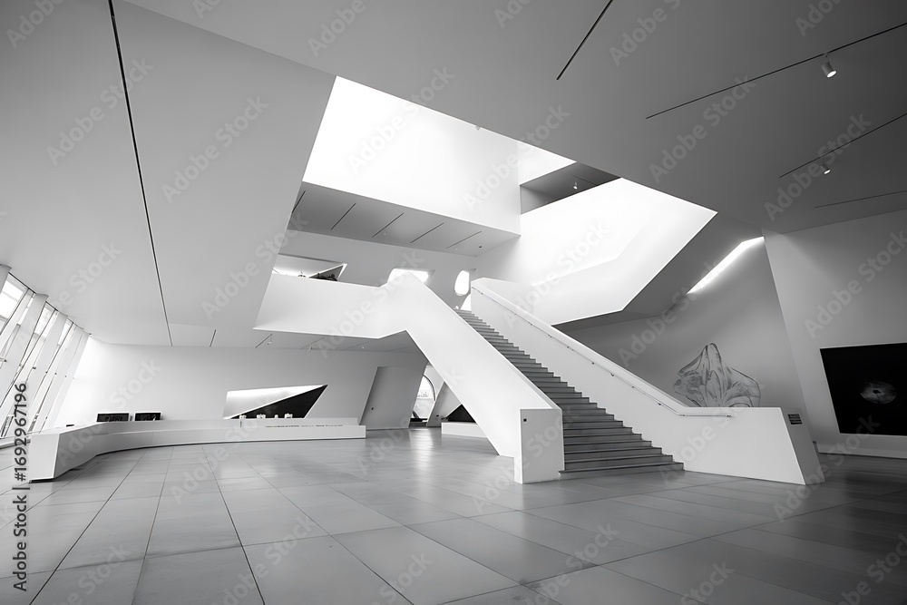 Obraz premium A Striking Architectural Masterpiece: Modern White Interior of a Museum or Gallery with a Dynamic Staircase Design.