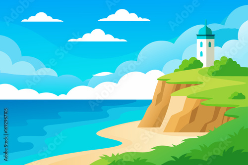 A coastal landscape with a lighthouse view