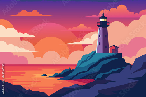 Lighthouse on cliff at colorful sunset sea
