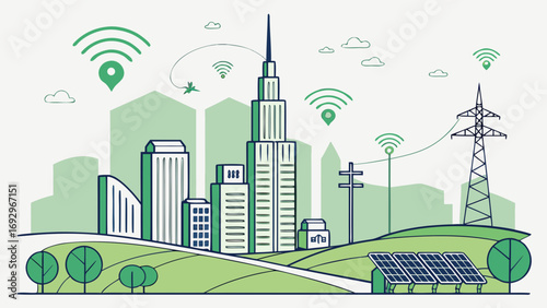 Smart city vector illustration with futuristic skyline, Io T devices, solar panels, and wireless technology connections, Smart city vector illustration with futuristic skyline, Io devices, solar pane