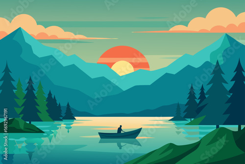Lake scene with boat and mountains at dusk