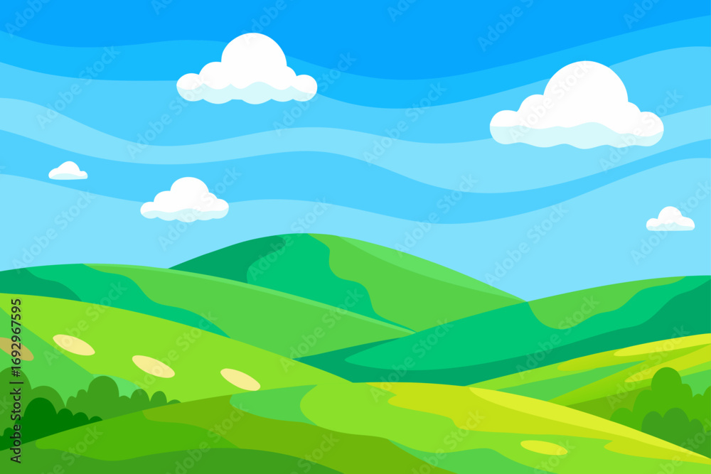 Obraz premium Cartoon landscape with hills and clouds