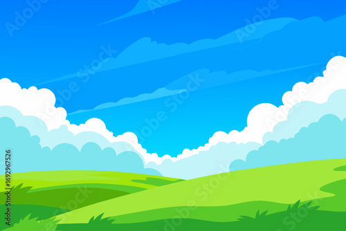 Cartoon landscape with green hills and sky
