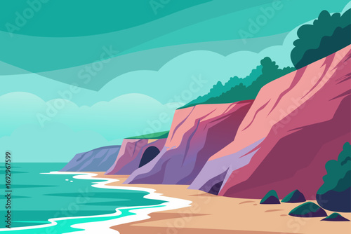 Cartoonish cliffs and beach illustration