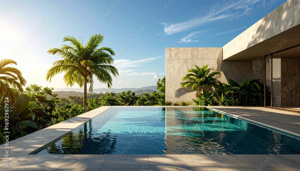 Fototapeta premium serene poolside scene with tropical plants casting shadows on a concrete wall