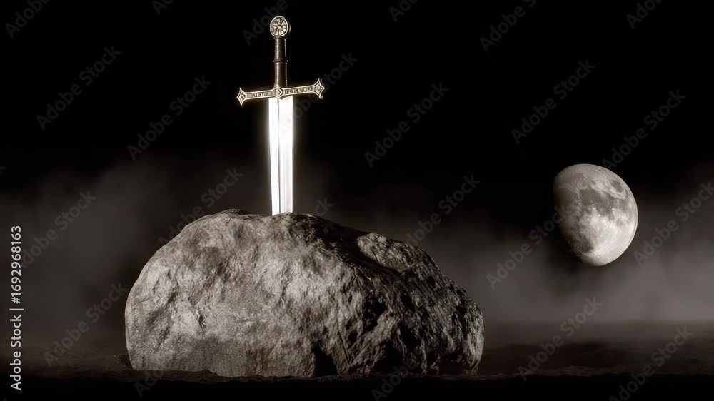 Mysterious sword in a stone under the moonlight. Symbol of power ...