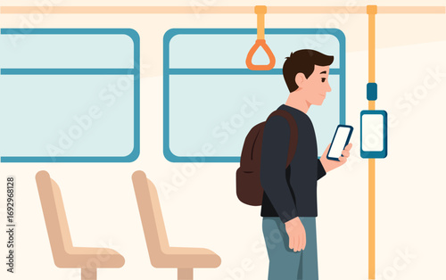 Ilustración vectorial minimalista de un joven viajando en transporte público mientras consulta su smartphone. Concepto de movilidad urbana y digitalización.