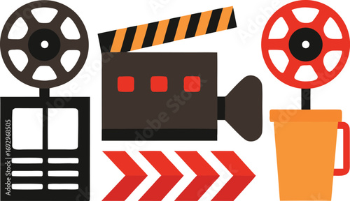 Film festival icons collection vector clapperboard movie camera film reel eps scalable