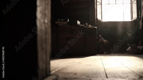Eerie Attic: Dust Motes Dance in Sunbeams, Revealing Forgotten Treasures and Shadows