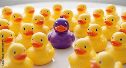 A single purple rubber duck stands out amongst a crowd of yellow rubber ducks.