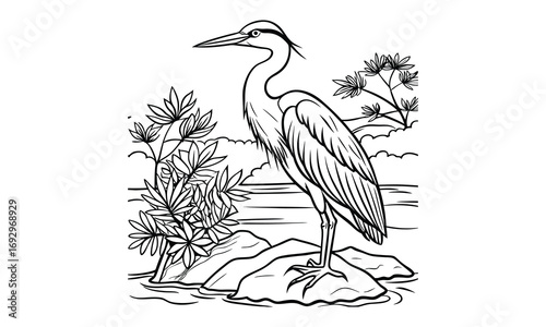 Heron Kids t shirt design silhouette and vector line art, High-Quality Illustration, Ideal for Relaxation and Stress Relief, Perfect for Adult Coloring Books and Printable Art Therapy.