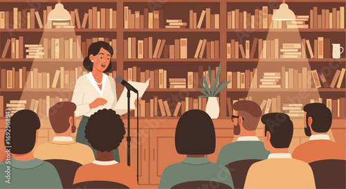 Woman speaker addressing a crowd in a library with bookshelves background illustration