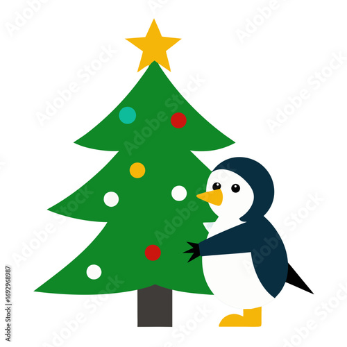 Adorable cartoon penguin with a festive christmas tree adorned with colorful ornaments and a bright yellow star on top